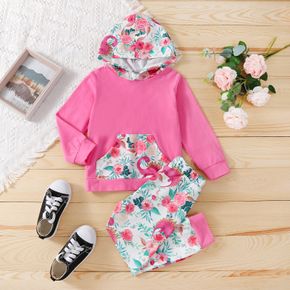 2-piece Toddler Girl Floral and Dinosaur Print Colorblock Hoodie and Pants Set