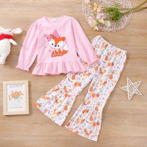 2-piece Toddler Girl Cute Fox Print Ruffle Hem Long-sleeve Top and Floral Print Flared Pants Set