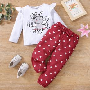 2-piece Toddler Girl Ruffled Letter Elephant Print Long-sleeve White Tee and Heart Print Bowknot Design Red Pants Set