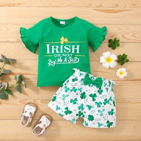 St. Patrick's Day 2-piece Toddler Girl Letter Print Ruffled Short-sleeve Green Tee and Bowknot Shamrock Lucky Clover Print Shorts Set