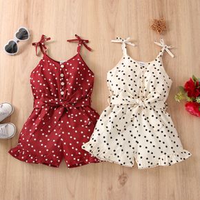 Toddler Girl Polka dots Bowknot Button Design Ruffled Belted Cami Rompers