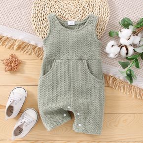 Baby Boy/Girl 95% Cotton Solid Knitted Textured Tank Romper with Slant Pockets