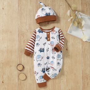 Baby Cartoon Elephant and Stripe Print Long-sleeve Jumpsuit Romper Set