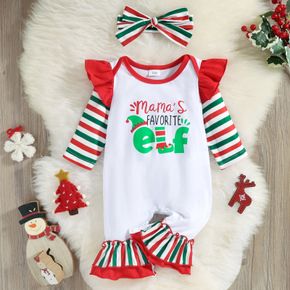 Christmas 2pcs Letter print Splicing Striped Long-sleeve Ruffle Baby Jumpsuit Set