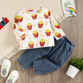 2pcs Baby All Over French Fries Print Long-sleeve Top and 100% Cotton Denim Jeans Set