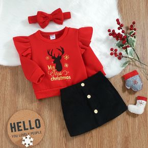 Christmas 3pcs Baby Reindeer and Letter Print Red Ruffle Long-sleeve Sweatshirt and Corduroy Mini Skirt Set