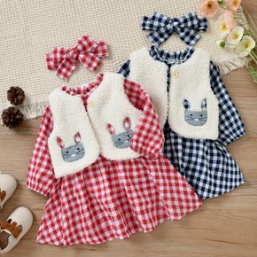 3pcs Baby 100% Cotton Long-sleeve Plaid Dress and Rabbit Pattern Fleece Vest Set