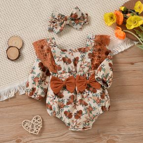 2pcs Baby Girl All Over Floral Print Lace Splicing Long-sleeve Bowknot Corduroy Romper Set