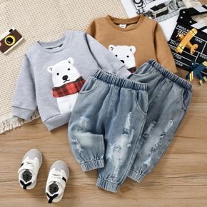 2pcs Baby Polar Bear Print Long-sleeve Sweatshirt and Ripped Denim Jeans Set