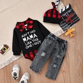3-piece Baby Boy Letter Print Plaid Long-sleeve Romper, Ripped Denim Jeans and Cap Set