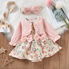 2pcs Baby Girl Pink Fleece Long-sleeve Splicing Floral Print Corduroy Faux-two Romper Dress Set