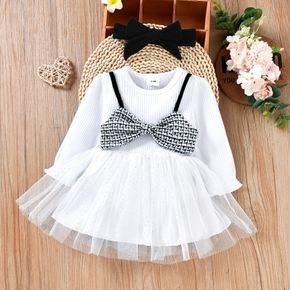 2pcs Baby Girl White Ribbed Long-sleeve Splicing Tweed Faux-two Mesh Dress Set