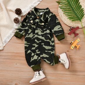 100% Cotton Baby Boy/Girl Green Camouflage Button Long-sleeve Jumpsuit