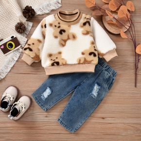 2pcs Baby Boy Teddy Bear Pattern Fuzzy Fleece Long-sleeve Pullover and 100% Cotton Ripped Denim Jeans Set