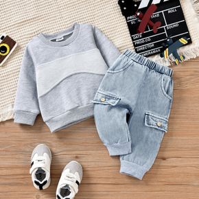 2pcs Baby Boy Colorblock Long-sleeve Sweatshirt and 100% Cotton Jeans Set