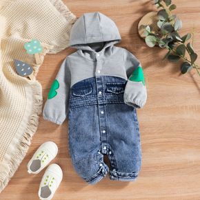 Baby Boy/Girl Grey Long-sleeve Hooded Splicing Denim Jumpsuit