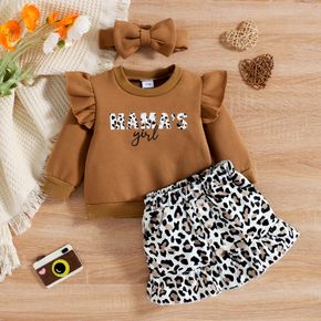 3pcs Baby Girl Letter Print Fleece Lined Ruffle Long-sleeve Sweatshirt with Corduroy Leopard Skirt and Headband Set