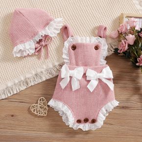2pcs Baby Girl Pink Knitted Sleeveless Lace Bowknot Romper with Hat Set
