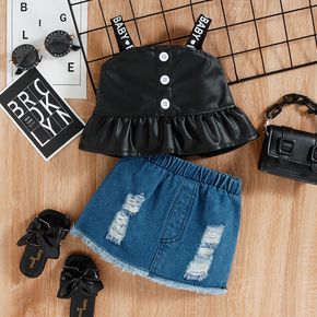 2pcs Baby Girl 100% Cotton Ripped Denim Skirt and Faux Leather Sleeveless Peplum Top Set