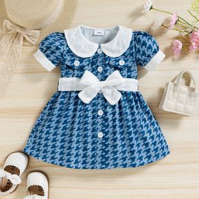 100% Cotton Denim Baby Girl Embroidered Peter Pan Collar Houndstooth Puff-sleeve Button Up Belted Dress Outwear