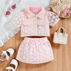 2pcs Baby Girl Pink Floral Embroidered Mesh Puff-sleeve Tweed Top and Skirt Set