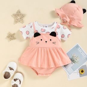 2pcs Baby Girl 95% Cotton Dots Short-sleeve Splicing Cartoon Embroidered 3D Ears Romper with Hat Set