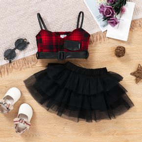 2pcs Baby Girl 100% Cotton Red Plaid Faux Leather Cami Crop Top and Layered Mesh Skirt Set