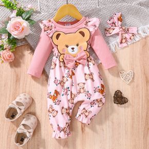 2pcs Baby Girl Faux-two Long-sleeve Allover Cartoon Bear Print Pink Bow Front Ruffle Trim Jumpsuit with Headband Set