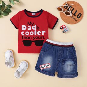 2pcs Baby Boy 100% Cotton Denim Shorts and Sunglasses & Letter Print Short-sleeve T-shirt Set