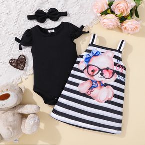 3pcs Baby Girl 95% Cotton Puff-sleeve Romper and Glasses Bear Print Striped Overall Dress with Headband Set