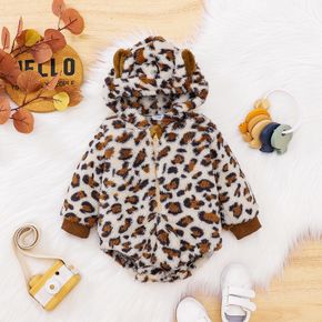 Baby Girl Allover Leopard Thermal Fuzzy Hooded Long-sleeve Zipper Romper