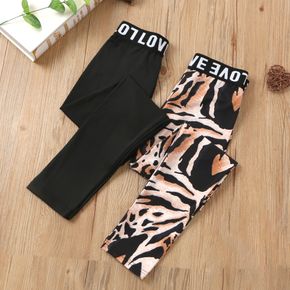 Kid Girl Letter Print Black/Leopard Print Leggings