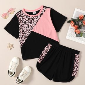 2pcs Kid Girl Colorblock Leopard/ Cat Print Short-sleeve Tee and Coloblock Shorts Set
