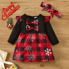 Christmas 2pcs Baby Girl Snowflake Print Red Plaid Splicing Long-sleeve Bowknot Dress Set
