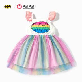 batman bebê menina colorblock cor gradiente emenda de malha vestido de alça com babados