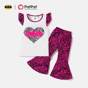 Batman 2pcs Toddler Girl Heart Print Flutter-sleeve Tee and Leopard Print Flared Pants Set