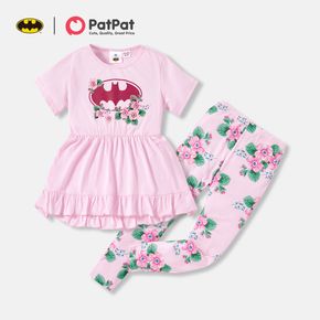 Batman 2pcs Kid Girl Floral Print Ruffled High Low Short-sleeve Pink Cotton Tee and Elasticized Pants Set