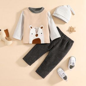 3pcs Baby Boy Polar Bear Pattern Splicing Striped Long-sleeve Top and Solid Corduroy Trousers Set