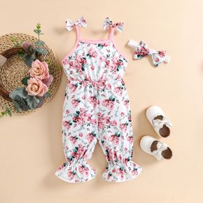 2pcs Baby Girl Allover Pink Floral Print Bowknot Spaghetti Strap Jumpsuit with Headband Set