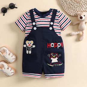 2pcs Baby Boy/Girl 100% Cotton Cartoon Overalls and Striped Short-sleeve Tee Set