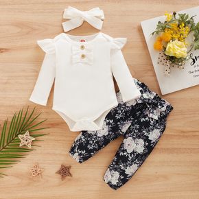 Ribbed 3pcs Floral Print Ruffle and Bow Decor Long-sleeve Baby Set