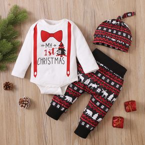 Christmas 3pcs Baby Bow Tie and Letter Print Long-sleeve Romper with Trousers Set