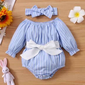 2-piece Baby Girl Stripe Long-sleeve Belted Long-sleeve Romper and Headband Set
