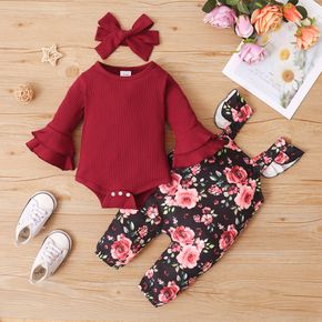 3pcs Baby Girl Solid Ribbed Ruffle Bell Sleeve Romper and Floral Print Overalls Set