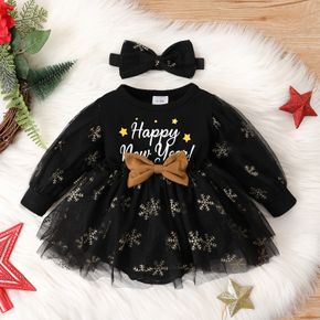 New Year 2pcs Baby Girl Letter Print Black Splicing Glitter Snowflake Mesh Long-sleeve Romper Party Dress Set