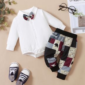 Christmas 2pcs Baby Boy Gentleman Bow Tie Solid Long-sleeve Shirt Romper and Color Block Trousers Set