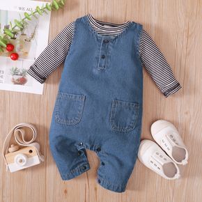 2pcs Baby Girl Striped Long-sleeve T-shirt and Denim Jumpsuit Overalls Set
