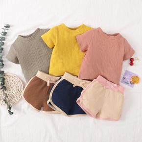 2pcs Baby Girl 100% Cotton Crepe Short-sleeve Top and Colorblock Ribbed Shorts Set