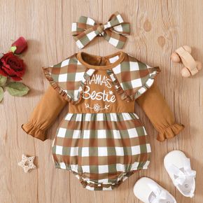 2pcs Baby Girl Letter Print Brown Plaid Cape Collar Ruffle Long-sleeve Romper with Headband Set