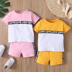 2pcs Baby Boy/Girl Letter Print Colorblock Short-sleeve T-shirt and Shorts Set